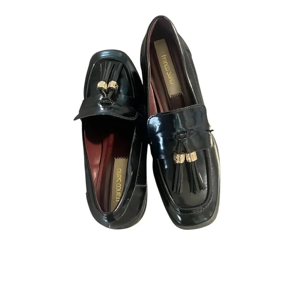 NWOB Franco Sorto Donna Block Heel Tassel Faux Patent leather Loafers Black 6M